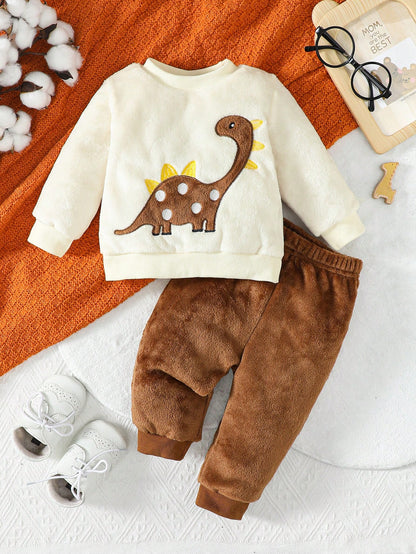Playful Pals Baby Boy Dinosaur Embroidery Teddy Sweatshirt & Pants