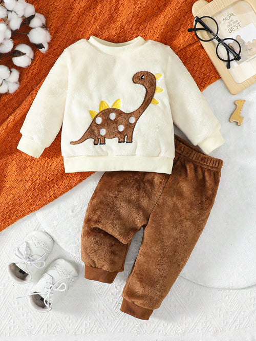Playful Pals Baby Boy Dinosaur Embroidery Teddy Sweatshirt & Pants
