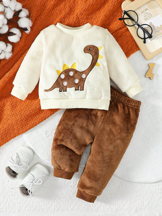 Playful Pals Baby Boy Dinosaur Embroidery Teddy Sweatshirt & Pants