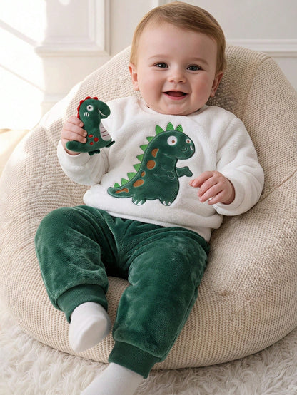 Playful Pals Baby Boy Dinosaur Embroidery Teddy Sweatshirt & Pants
