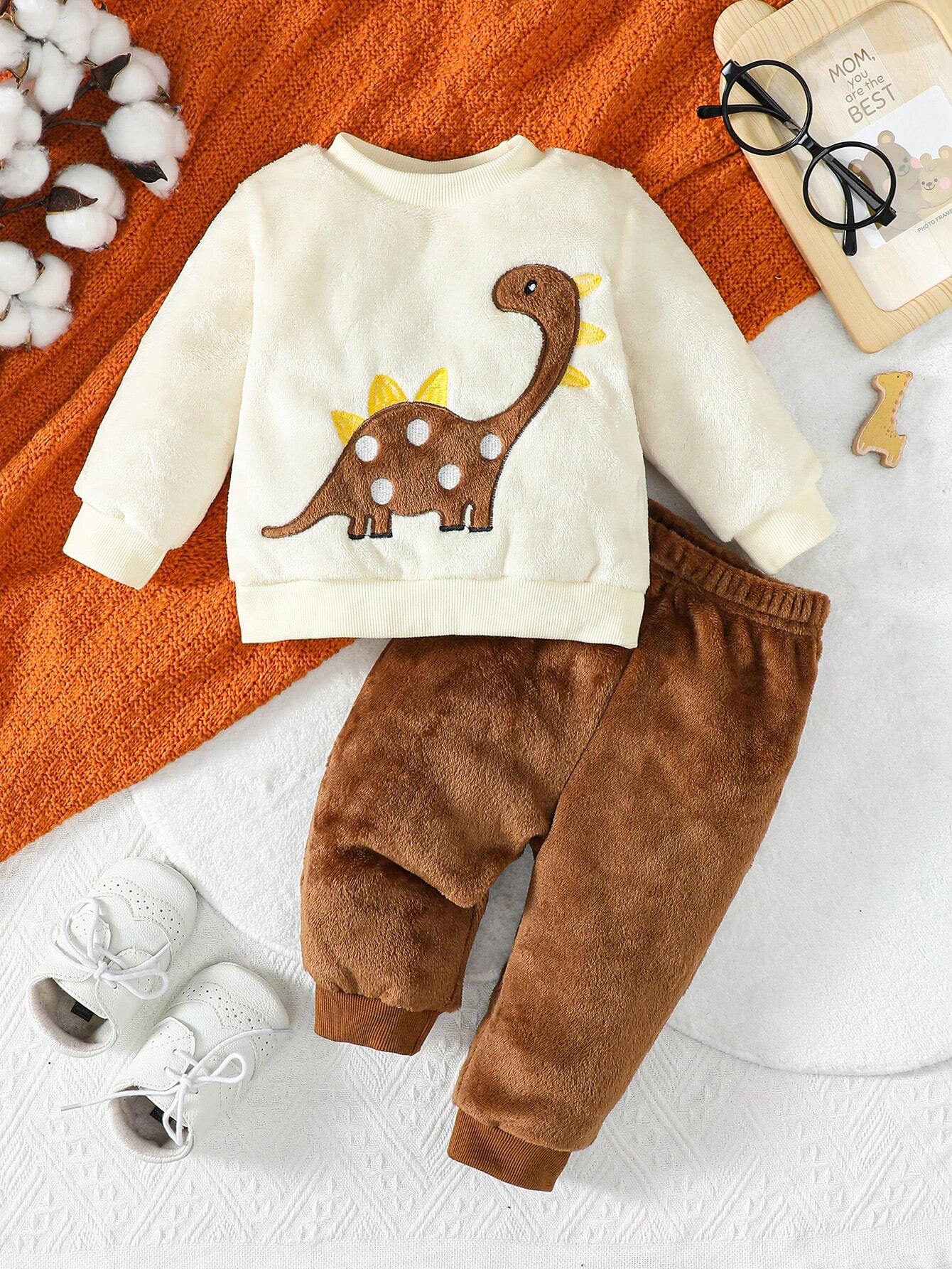Playful Pals Baby Boy Dinosaur Embroidery Teddy Sweatshirt & Pants