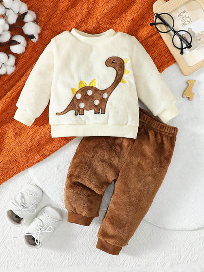 Playful Pals Baby Boy Dinosaur Embroidery Teddy Sweatshirt & Pants