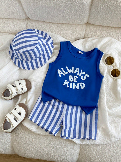 Playful Pals Baby Boy Summer 3-Piece Set, White Fashion Letter Print Tank Top, Coconut Tree Print Beach Shorts, Matching Headwear, Suitable For Beach Vacation, Daily Casual, Easy Outdoor Activit