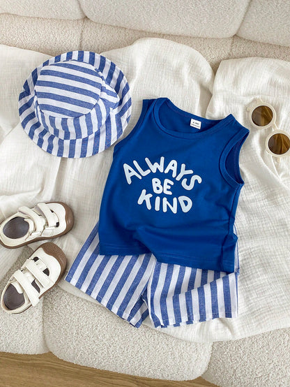 Playful Pals Baby Boy Summer 3-Piece Set, White Fashion Letter Print Tank Top, Coconut Tree Print Beach Shorts, Matching Headwear, Suitable For Beach Vacation, Daily Casual, Easy Outdoor Activit