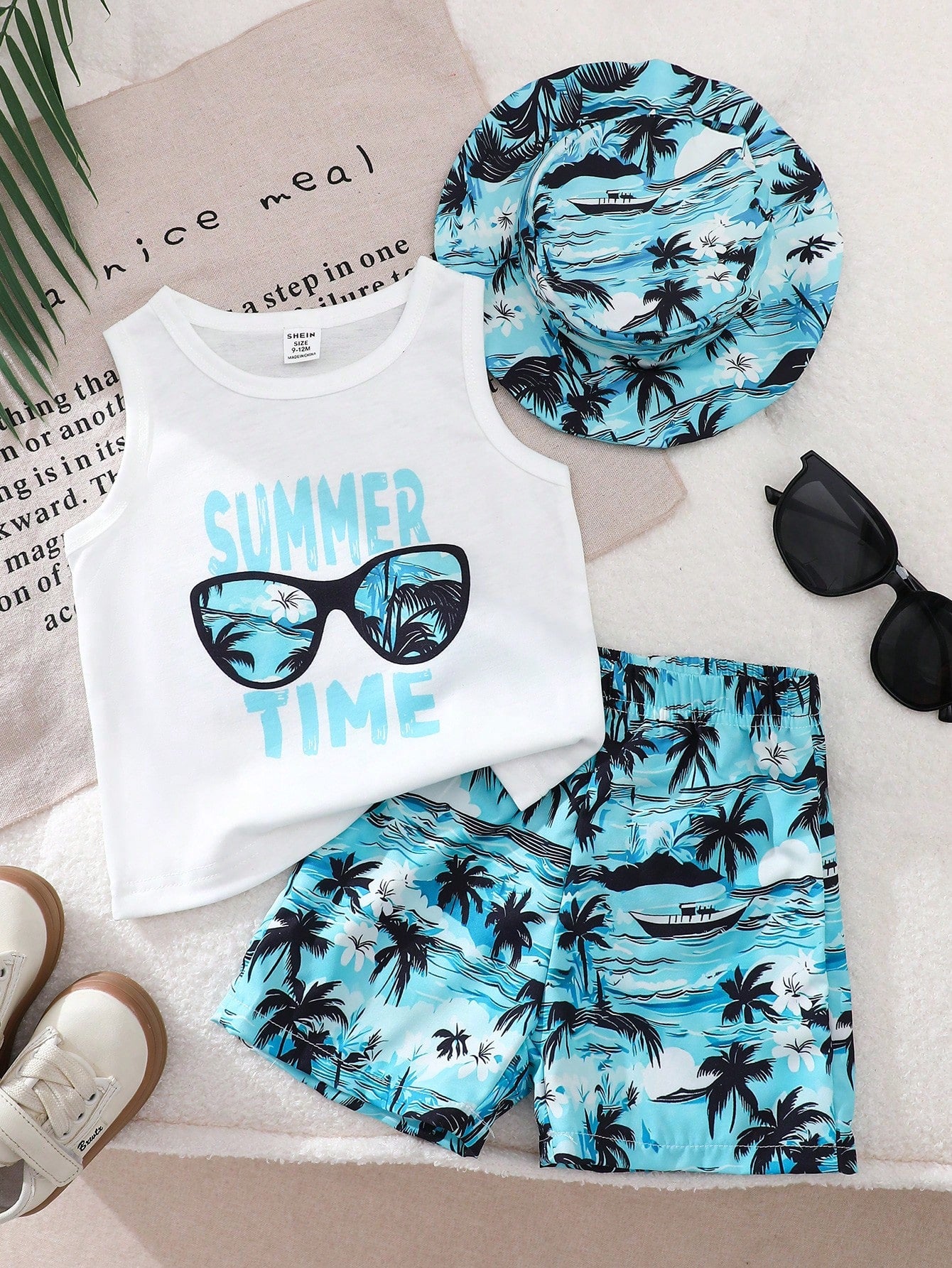 Playful Pals Baby Boy Summer 3-Piece Set, White Fashion Letter Print Tank Top, Coconut Tree Print Beach Shorts, Matching Headwear, Suitable For Beach Vacation, Daily Casual, Easy Outdoor Activit