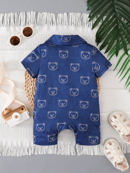 Playful Pals Baby Boy Summer Casual Bear Print Front Button Romper