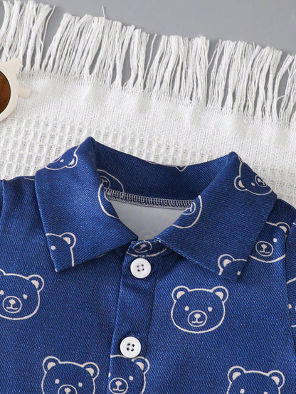 Playful Pals Baby Boy Summer Casual Bear Print Front Button Romper