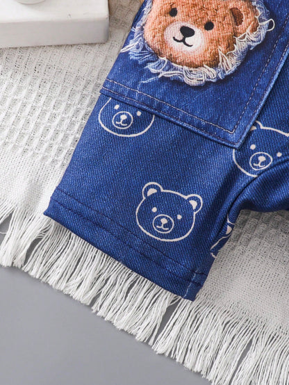 Playful Pals Baby Boy Summer Casual Bear Print Front Button Romper