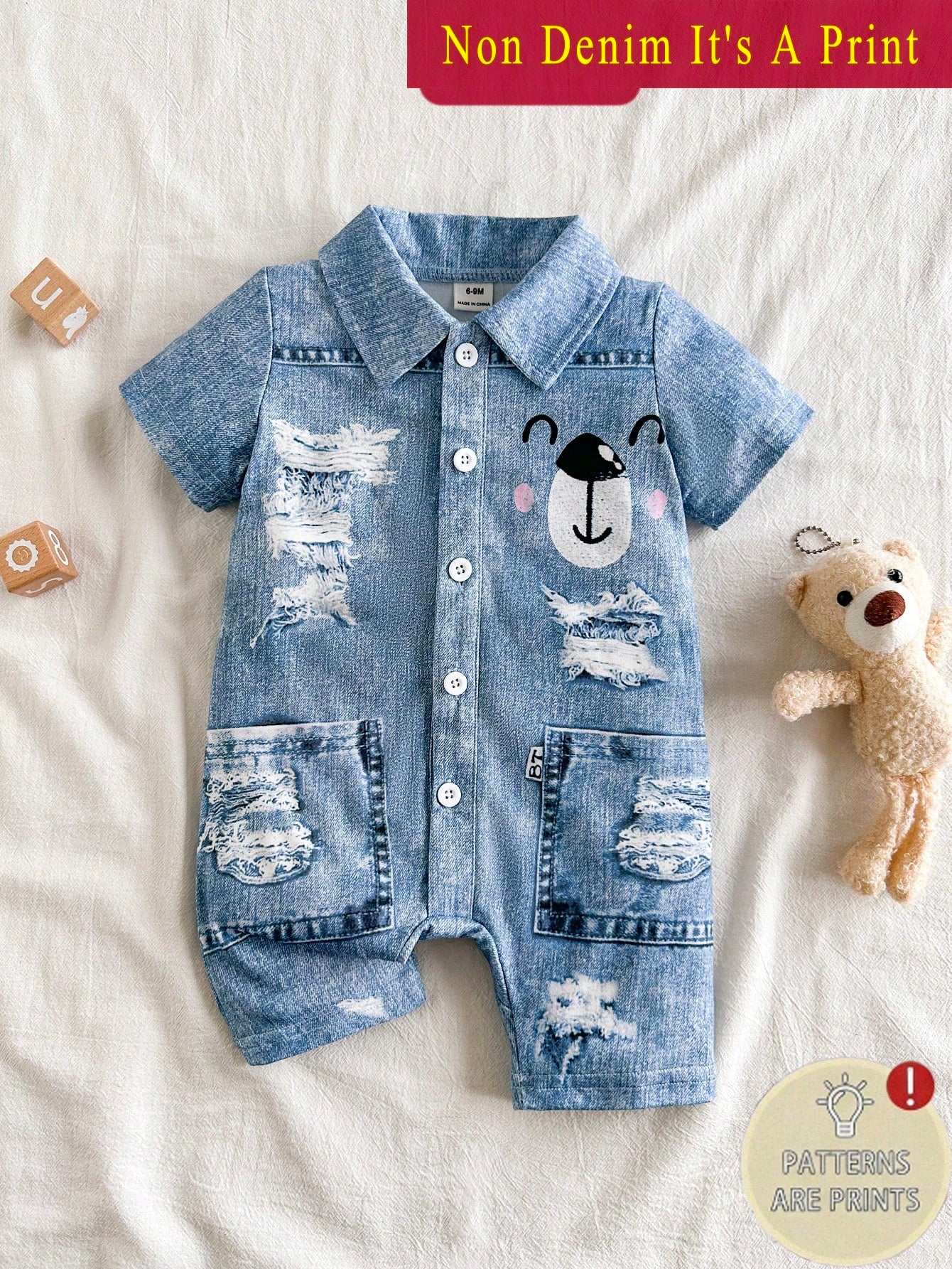 Playful Pals Baby Boy Summer Casual Bear Print Front Button Romper