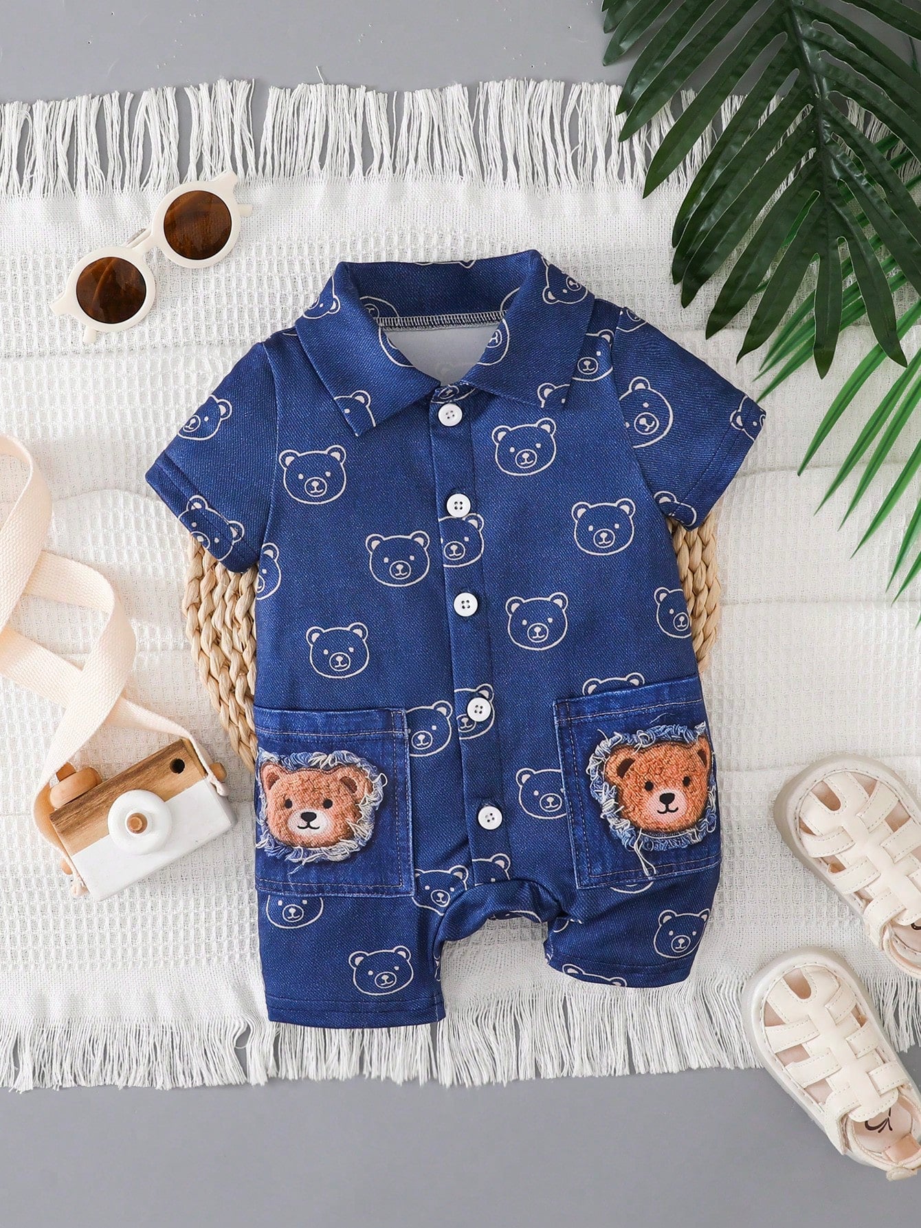 Playful Pals Baby Boy Summer Casual Bear Print Front Button Romper