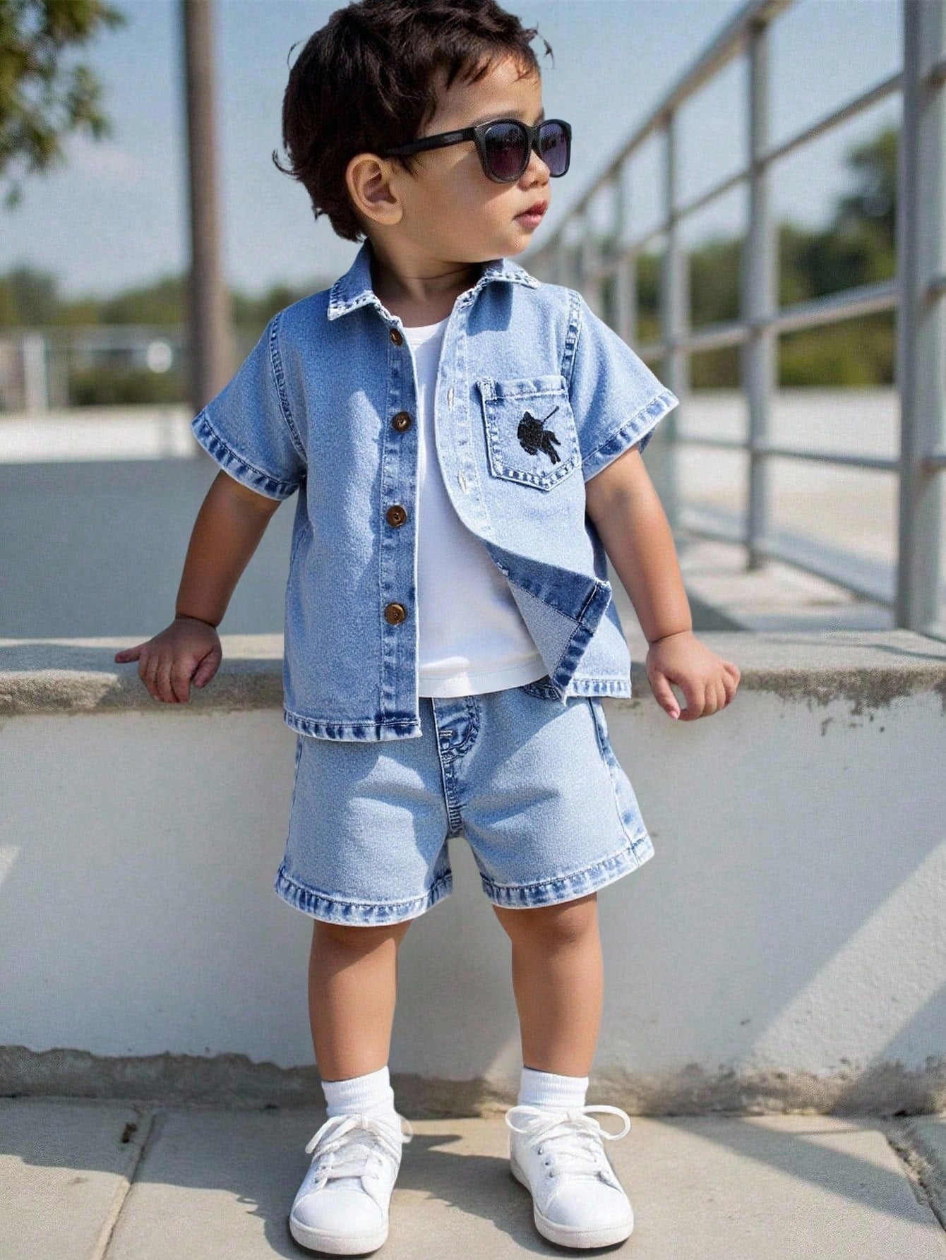 Playful Pals Baby Boys Denim 2-Piece Set,Summer Casual Blue City Break Outfit,Vintage Short Sleeve Button Shirt&Straight Shorts,Knight Embroidery Lapel Pocket