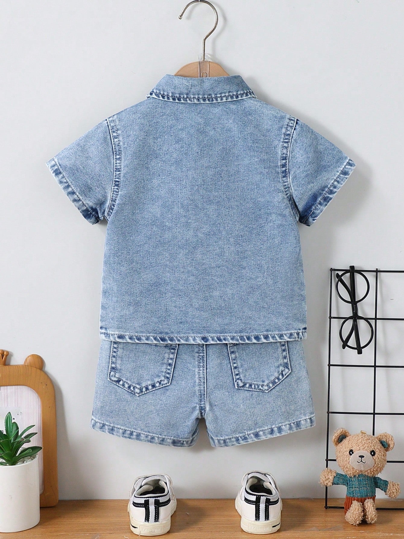 Playful Pals Baby Boys Denim 2-Piece Set,Summer Casual Blue City Break Outfit,Vintage Short Sleeve Button Shirt&Straight Shorts,Knight Embroidery Lapel Pocket