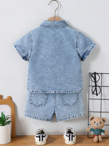 Playful Pals Baby Boys Denim 2-Piece Set,Summer Casual Blue City Break Outfit,Vintage Short Sleeve Button Shirt&Straight Shorts,Knight Embroidery Lapel Pocket