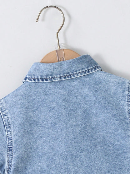 Playful Pals Baby Boys Denim 2-Piece Set,Summer Casual Blue City Break Outfit,Vintage Short Sleeve Button Shirt&Straight Shorts,Knight Embroidery Lapel Pocket