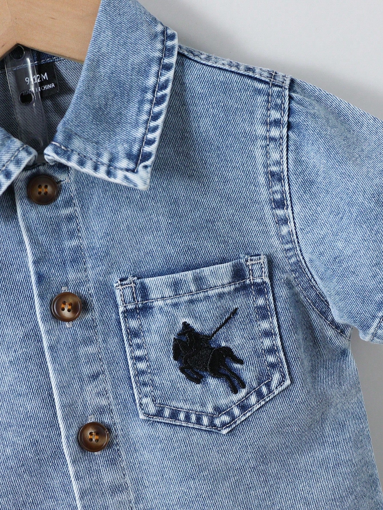 Playful Pals Baby Boys Denim 2-Piece Set,Summer Casual Blue City Break Outfit,Vintage Short Sleeve Button Shirt&Straight Shorts,Knight Embroidery Lapel Pocket