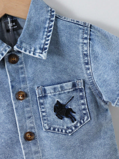 Playful Pals Baby Boys Denim 2-Piece Set,Summer Casual Blue City Break Outfit,Vintage Short Sleeve Button Shirt&Straight Shorts,Knight Embroidery Lapel Pocket