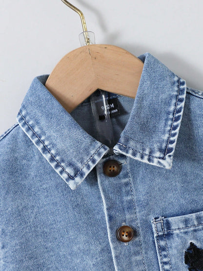 Playful Pals Baby Boys Denim 2-Piece Set,Summer Casual Blue City Break Outfit,Vintage Short Sleeve Button Shirt&Straight Shorts,Knight Embroidery Lapel Pocket