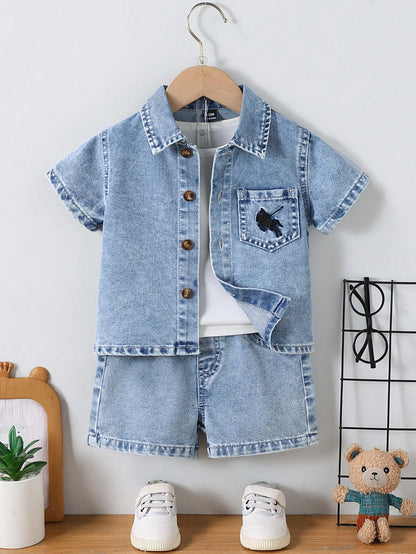 Playful Pals Baby Boys Denim 2-Piece Set,Summer Casual Blue City Break Outfit,Vintage Short Sleeve Button Shirt&Straight Shorts,Knight Embroidery Lapel Pocket