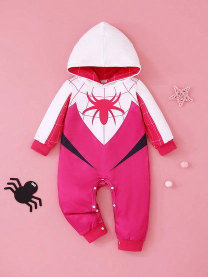 Playful Pals Baby Girl Contrast Color Patchwork Spider Print Hooded Jumpsuit