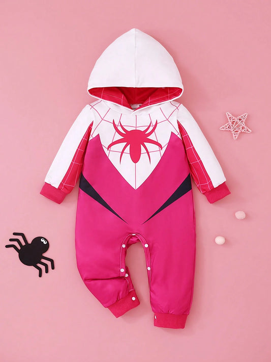 Playful Pals Baby Girl Contrast Color Patchwork Spider Print Hooded Jumpsuit