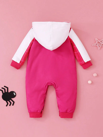 Playful Pals Baby Girl Contrast Color Patchwork Spider Print Hooded Jumpsuit