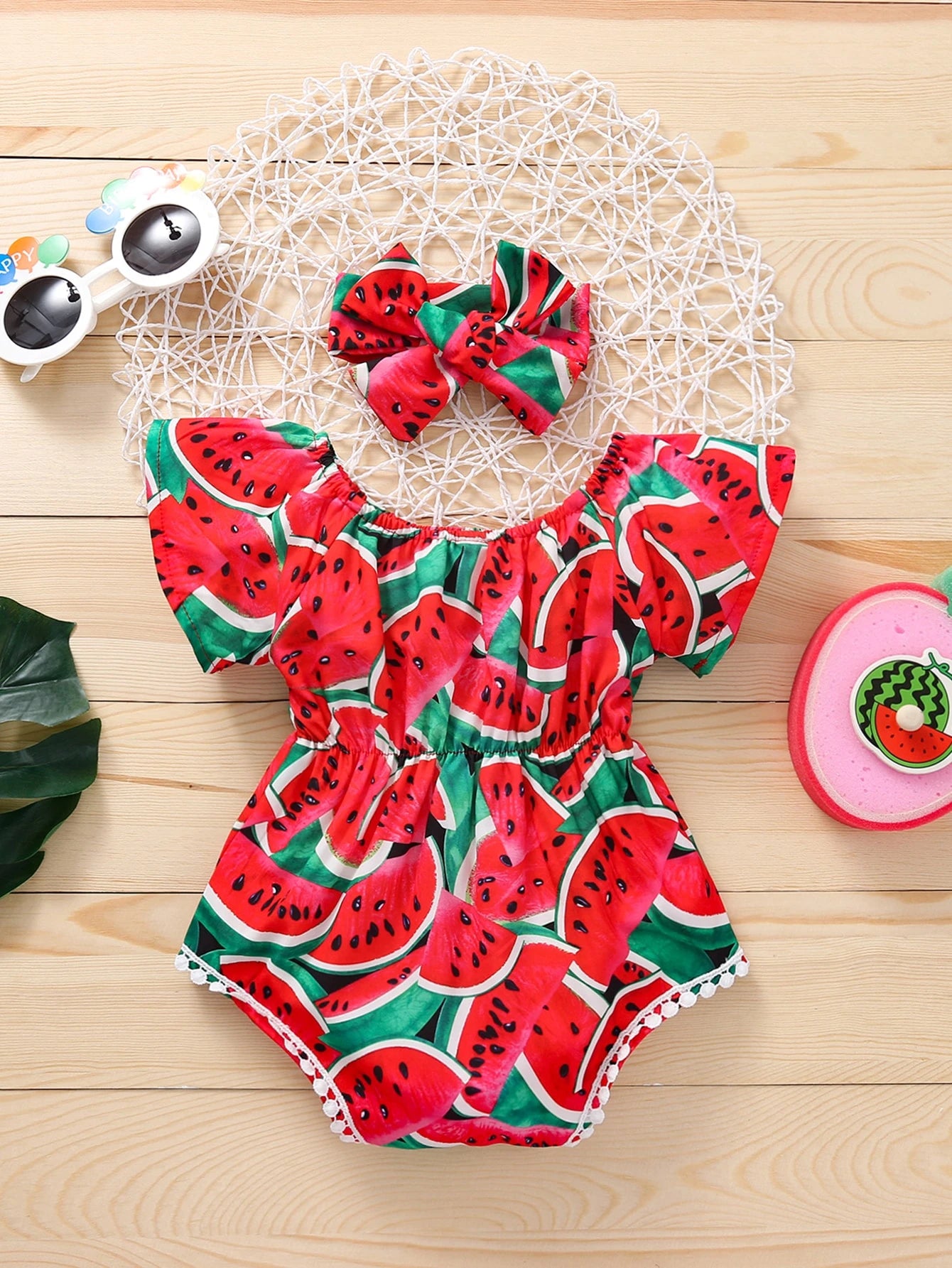 Playful Pals Baby Girl Watermelon Print Bodysuit With Headband