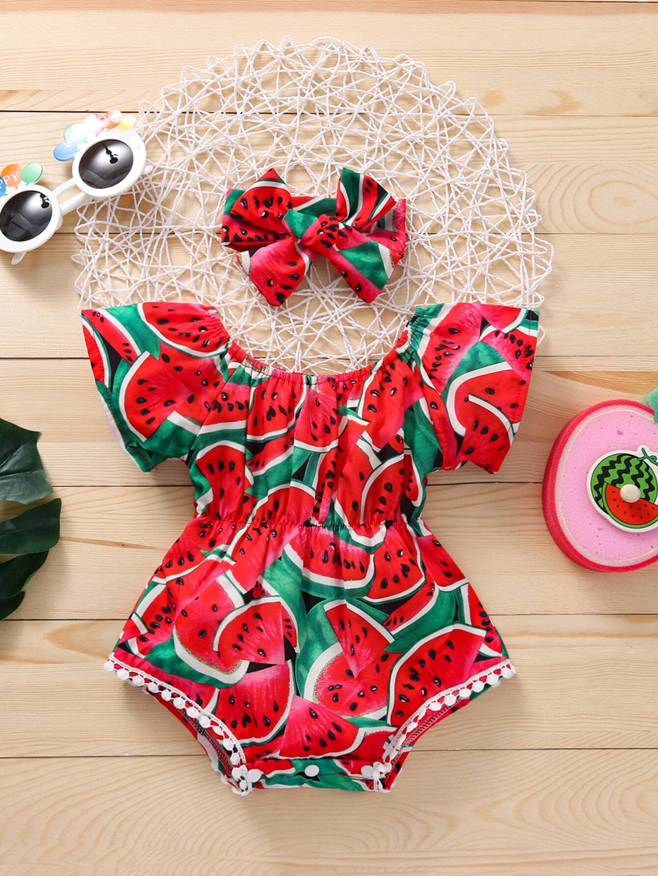Playful Pals Baby Girl Watermelon Print Bodysuit With Headband