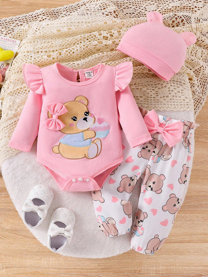 Playful Pals Baby Girls' Bear Printed Bodysuit And Digital Printed Pants Set