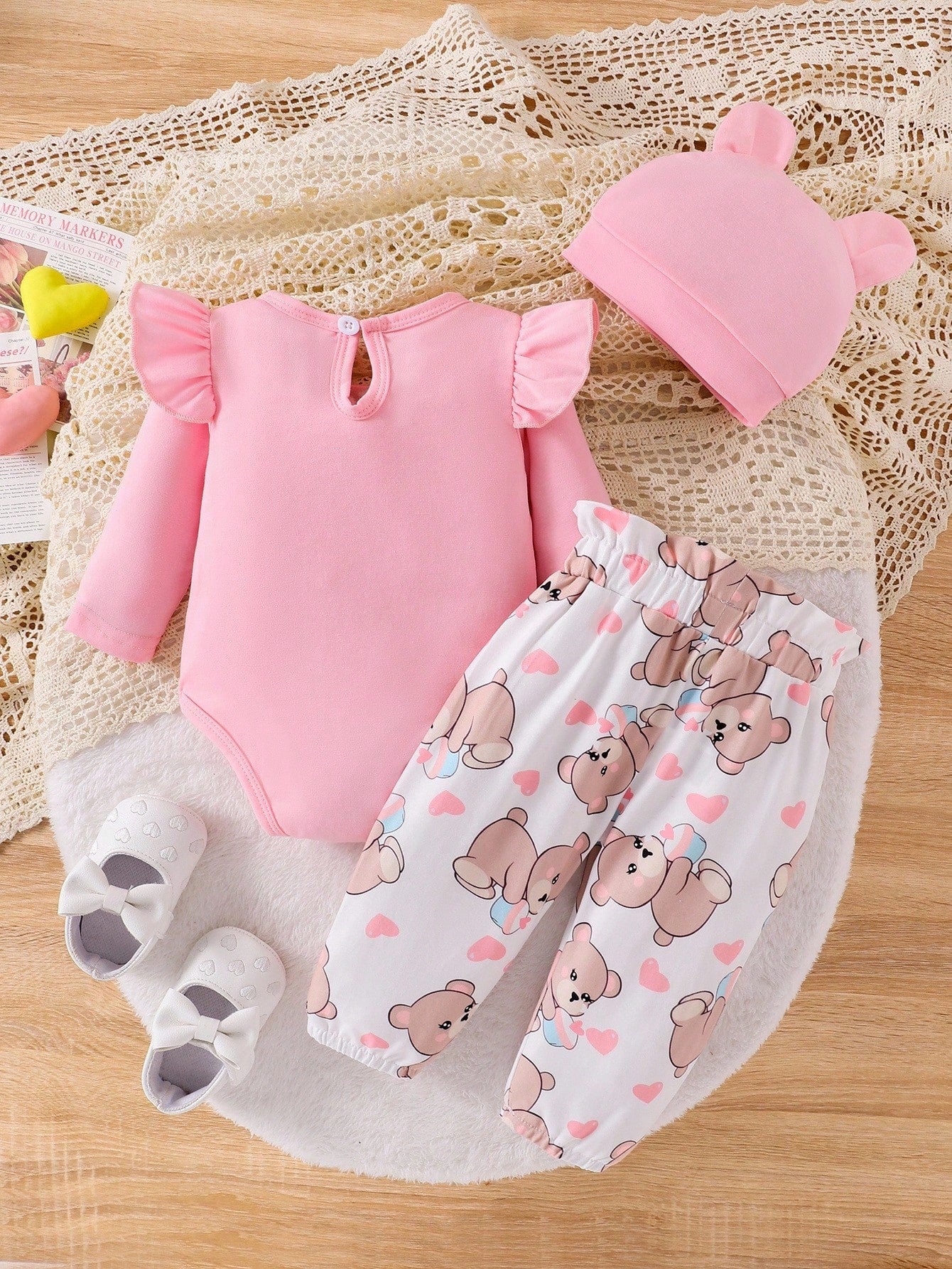 Playful Pals Baby Girls' Bear Printed Bodysuit And Digital Printed Pants Set