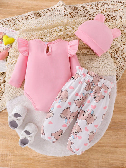 Playful Pals Baby Girls' Bear Printed Bodysuit And Digital Printed Pants Set