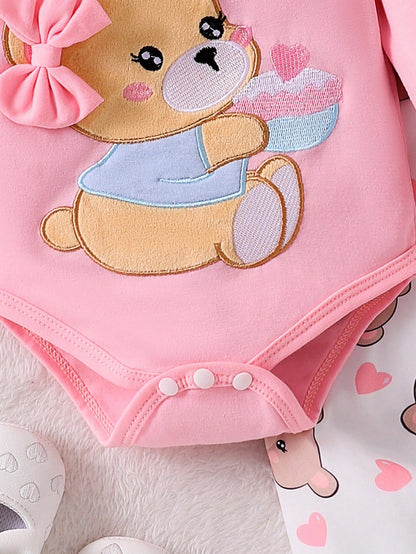 Playful Pals Baby Girls' Bear Printed Bodysuit And Digital Printed Pants Set