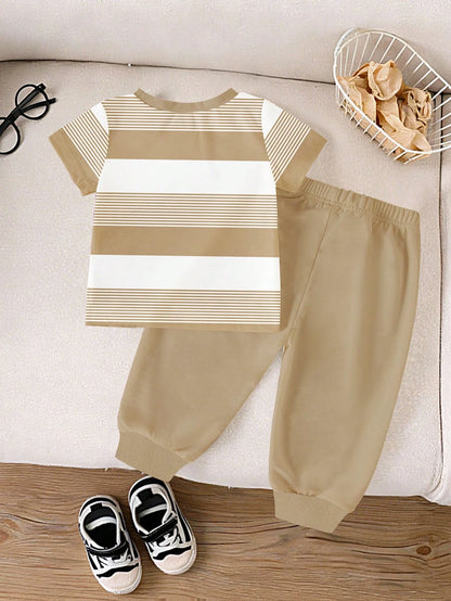 Playful Pals Boy Unisex Infant Toddler Korean Style Casual Fashion Colorblock Striped Bear Graphic Print Crew Neck Short Sleeve T-Shirt And Graphic Print Pants