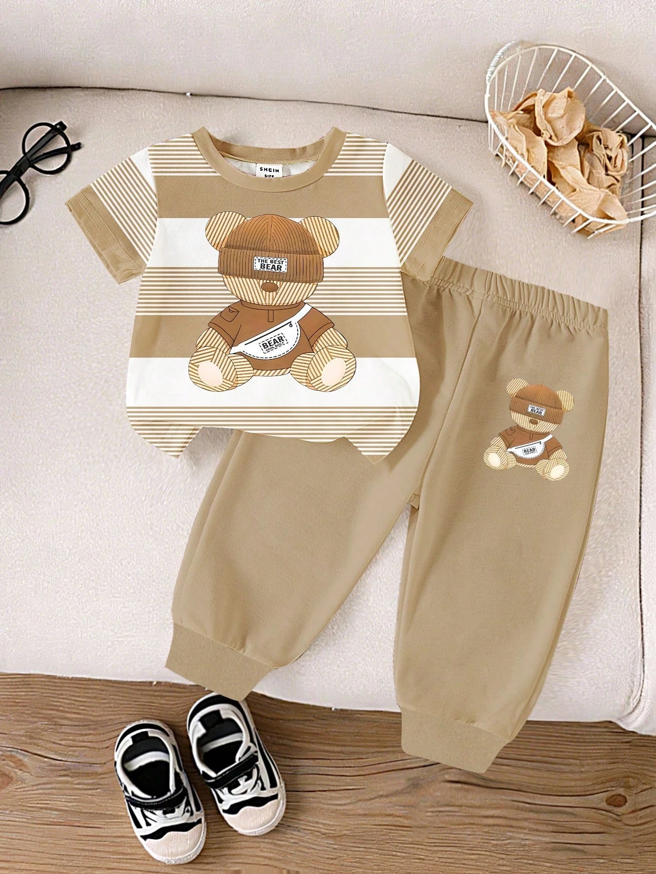 Playful Pals Boy Unisex Infant Toddler Korean Style Casual Fashion Colorblock Striped Bear Graphic Print Crew Neck Short Sleeve T-Shirt And Graphic Print Pants