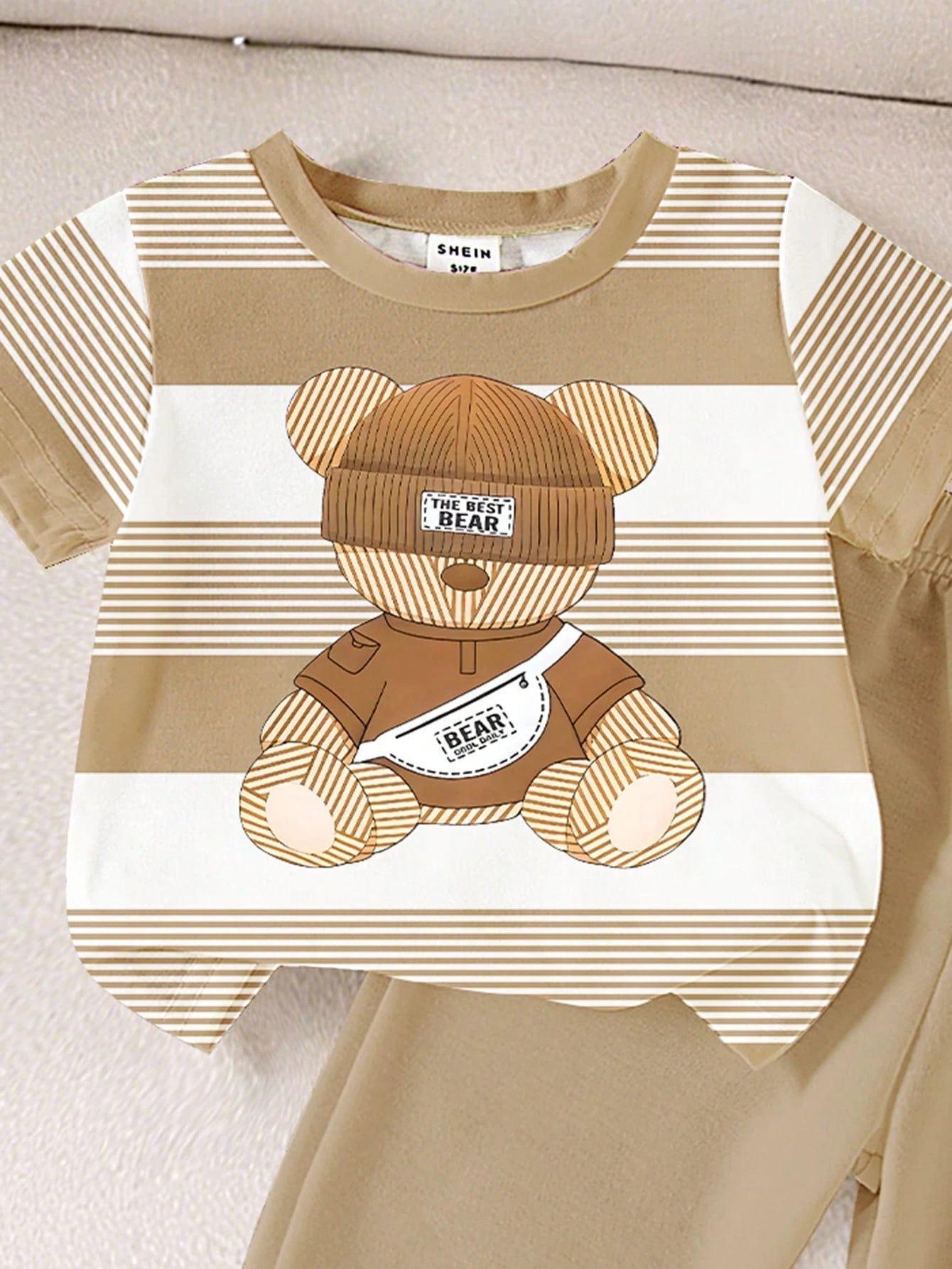 Playful Pals Boy Unisex Infant Toddler Korean Style Casual Fashion Colorblock Striped Bear Graphic Print Crew Neck Short Sleeve T-Shirt And Graphic Print Pants