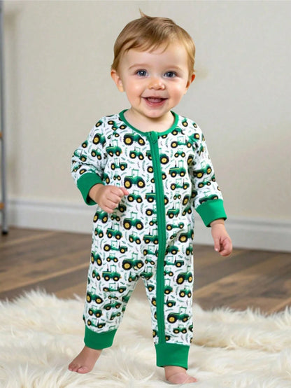 Playful Pals Spring Baby Boys Crawler Jumpsuit With Cute Green Tractor Print Pattern, New Fashion Zipper Design Comfortable & Stylish Jumpsuit