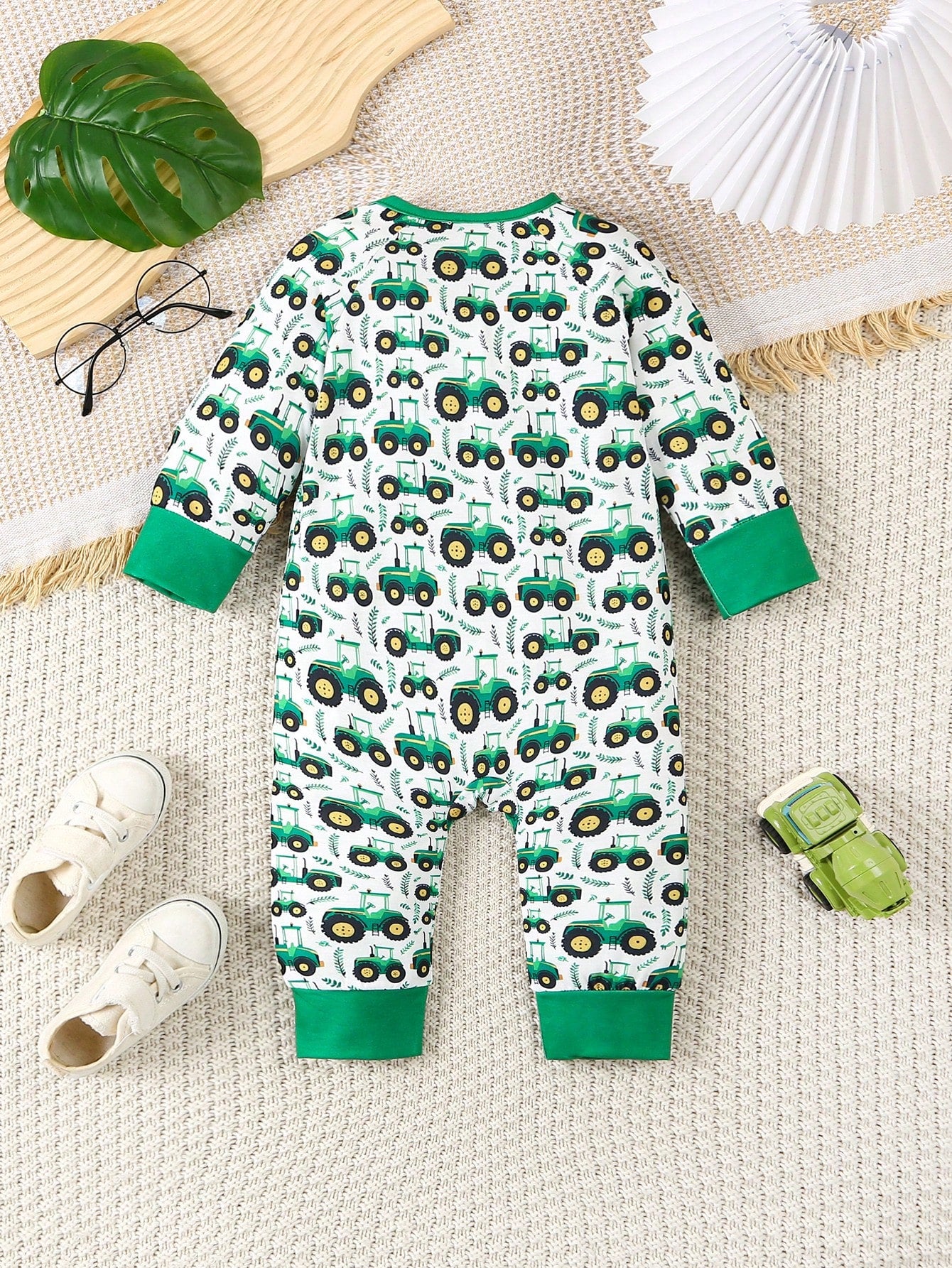 Playful Pals Spring Baby Boys Crawler Jumpsuit With Cute Green Tractor Print Pattern, New Fashion Zipper Design Comfortable & Stylish Jumpsuit