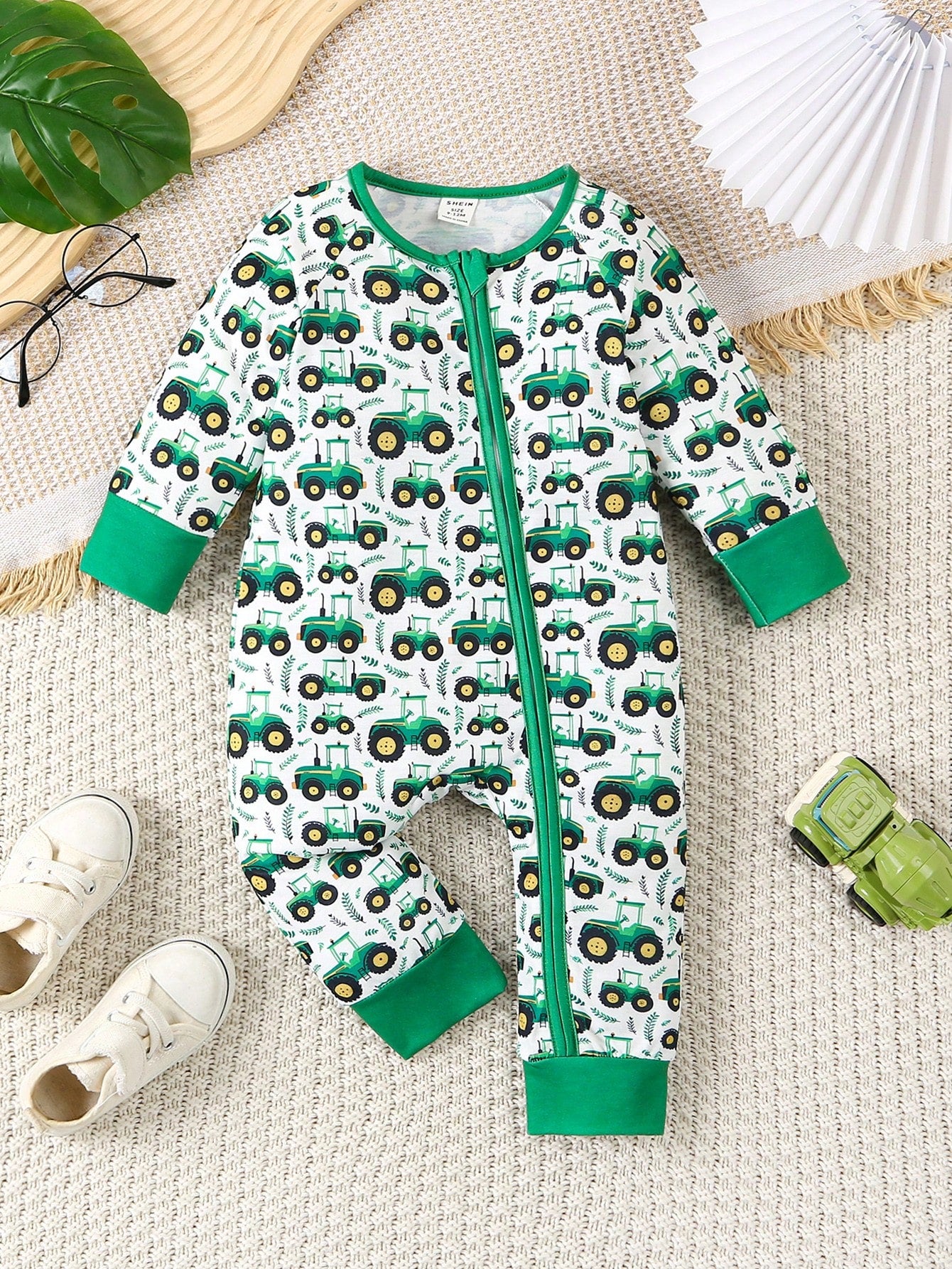Playful Pals Spring Baby Boys Crawler Jumpsuit With Cute Green Tractor Print Pattern, New Fashion Zipper Design Comfortable & Stylish Jumpsuit