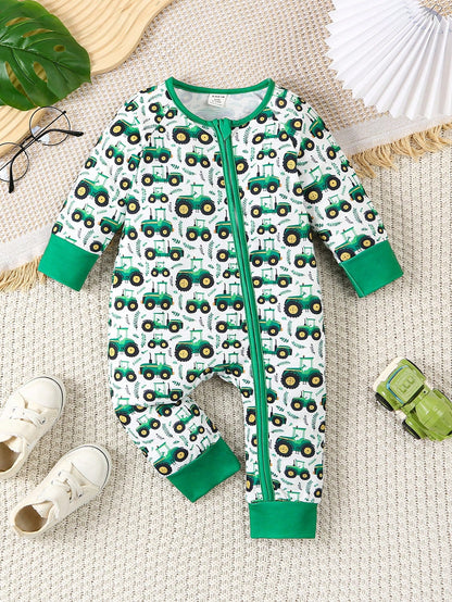 Playful Pals Spring Baby Boys Crawler Jumpsuit With Cute Green Tractor Print Pattern, New Fashion Zipper Design Comfortable & Stylish Jumpsuit