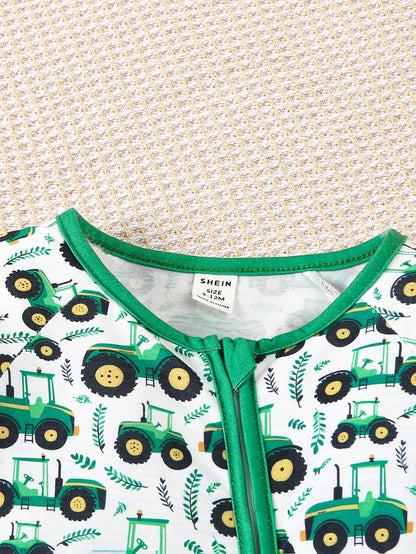 Playful Pals Spring Baby Boys Crawler Jumpsuit With Cute Green Tractor Print Pattern, New Fashion Zipper Design Comfortable & Stylish Jumpsuit