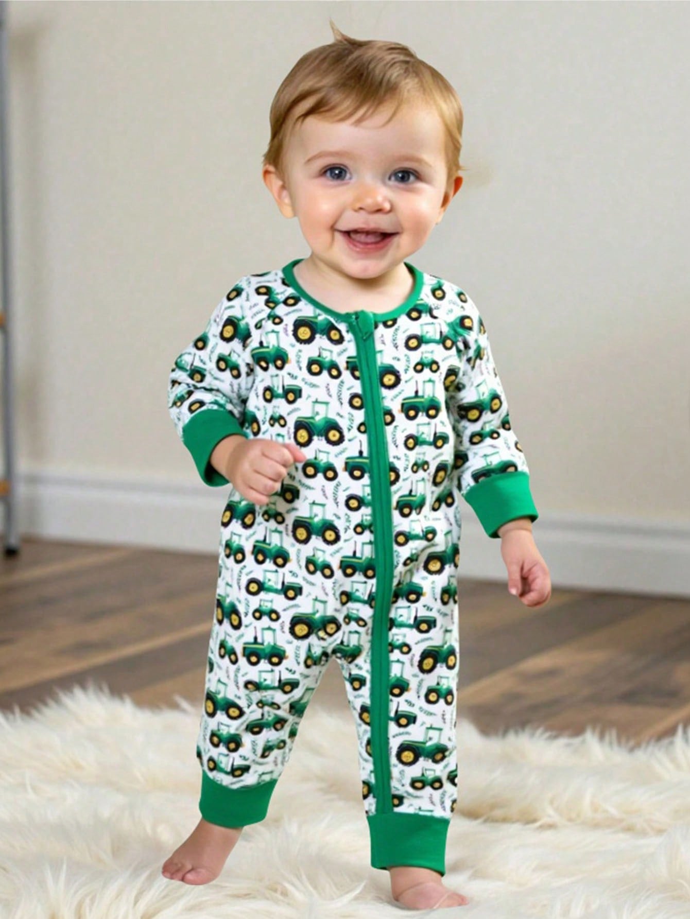 Playful Pals Spring Baby Boys Crawler Jumpsuit With Cute Green Tractor Print Pattern, New Fashion Zipper Design Comfortable & Stylish Jumpsuit