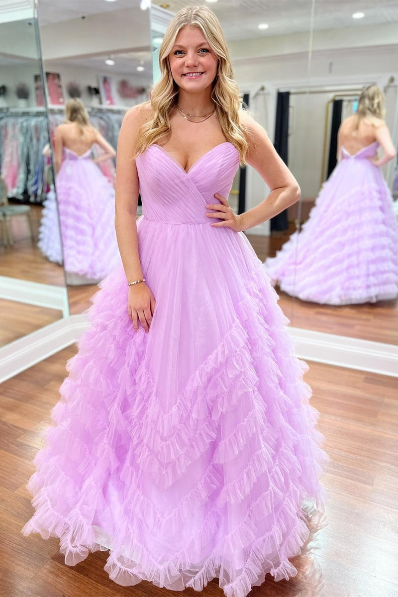 Pleated Sweetheart Lilac Tulle Ruffles Long Formal Dress
