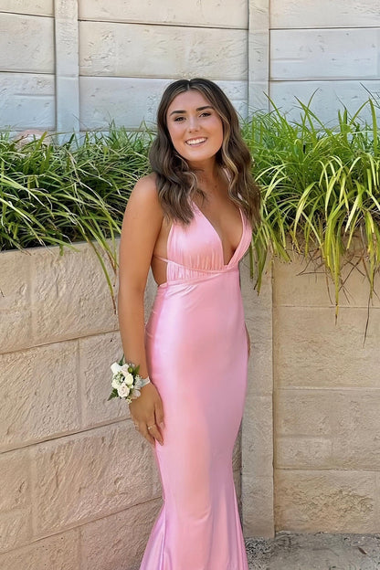 Plunge Pink Mermaid Long Formal Dress