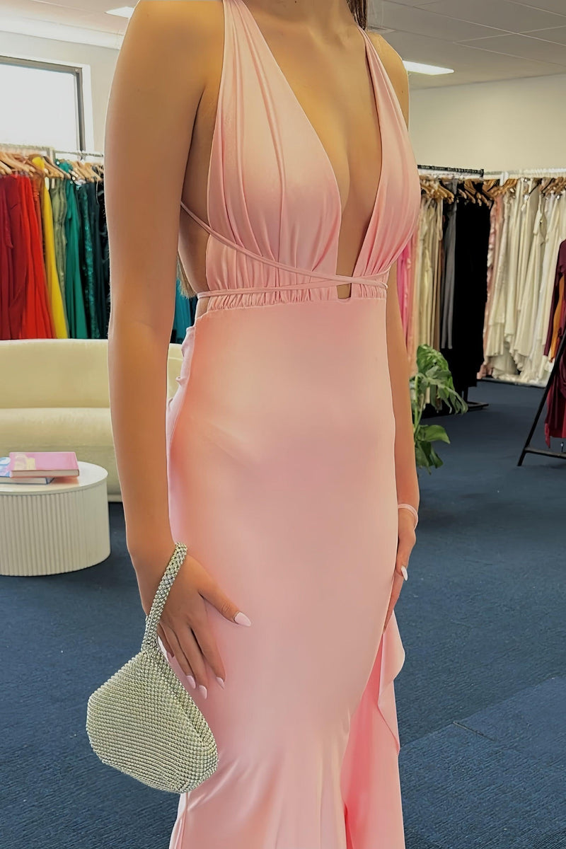 Plunge Pink Mermaid Long Formal Dress