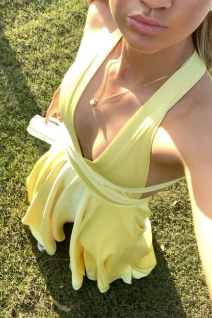 Plunge Yellow A-line Long Formal Dress with Slit