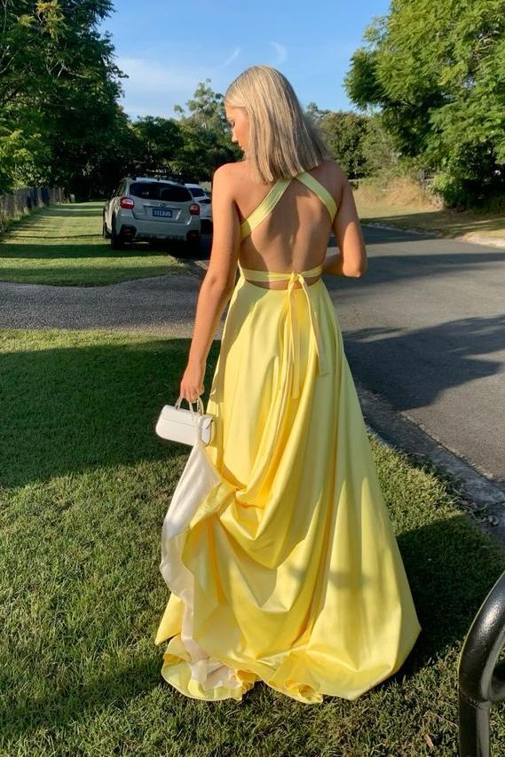 Plunge Yellow A-line Long Formal Dress with Slit