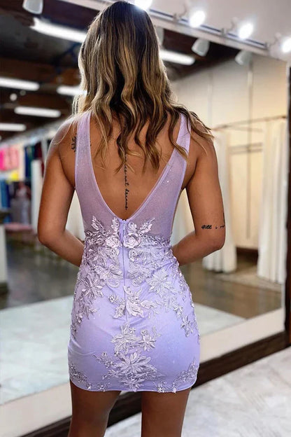 Plunging V-Neck Lavender Straps Appliques Illusion Homecoming Dress , AST1146