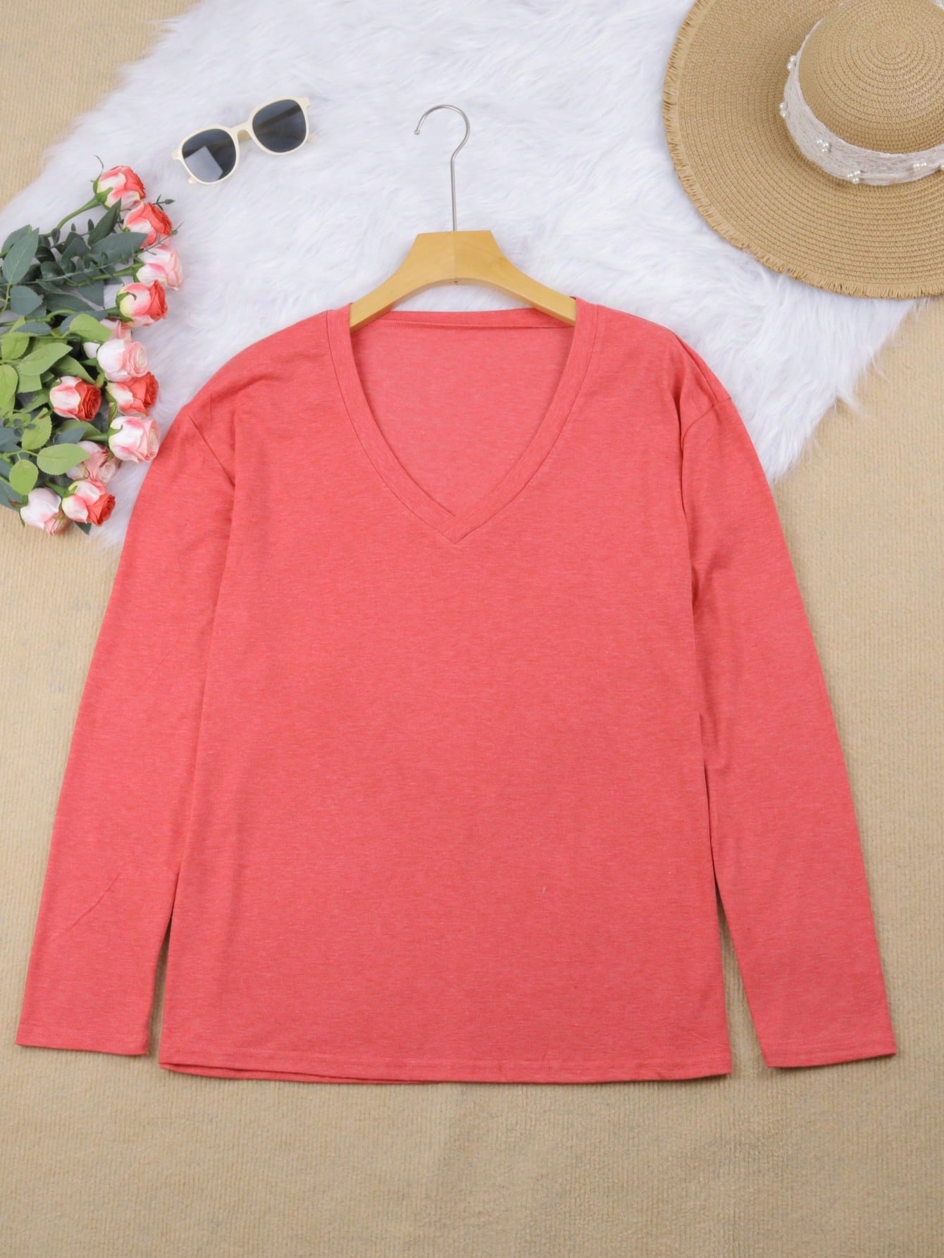 Plus Casual Solid V Neck Simple Fashion T-Shirt Tops