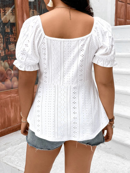 Plus Eyelet Embroidery Drawstring Front Puff Sleeve Peplum Schiffy Tee