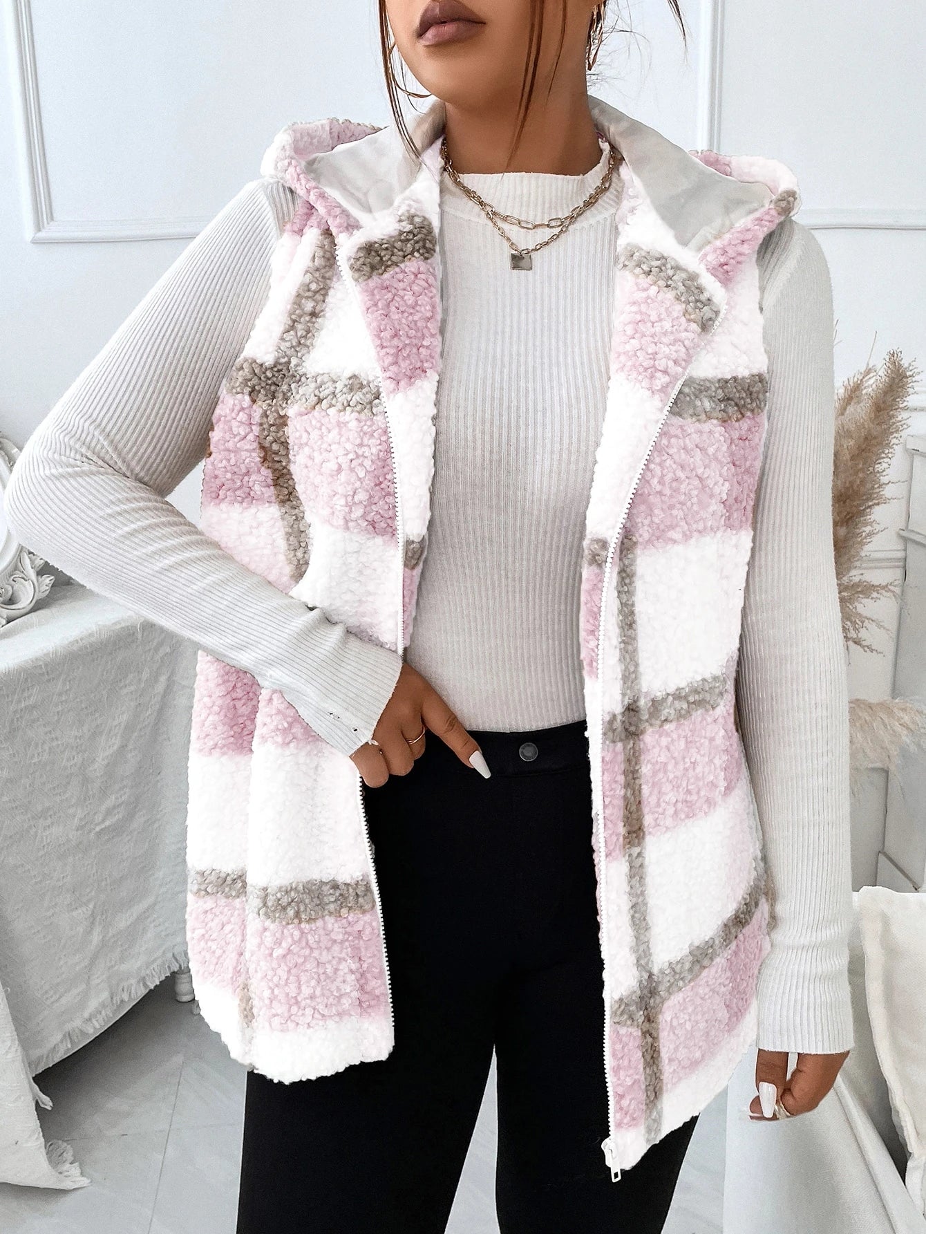 Plus Plaid Pattern Teddy Vest Coat, For Winter Fall Autumn