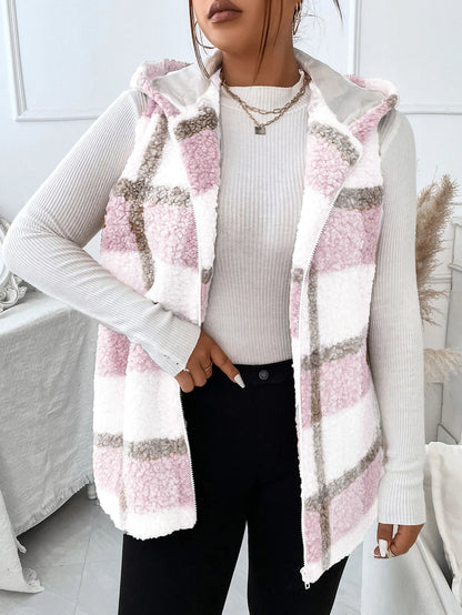 Plus Plaid Pattern Teddy Vest Coat, For Winter Fall Autumn